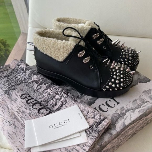 NIB $1500 Gucci Women Leather Boots Shoes Spikes And Studs Black 6.5 US /36.5 - Picture 7 of 9